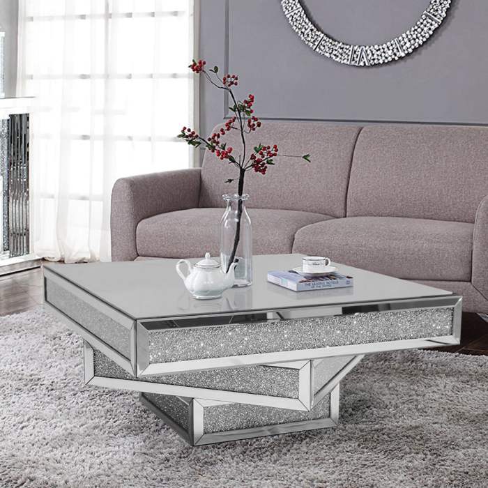 Modern Glam Mirrored Glass Coffee Table with Glitter Accents | Homary
