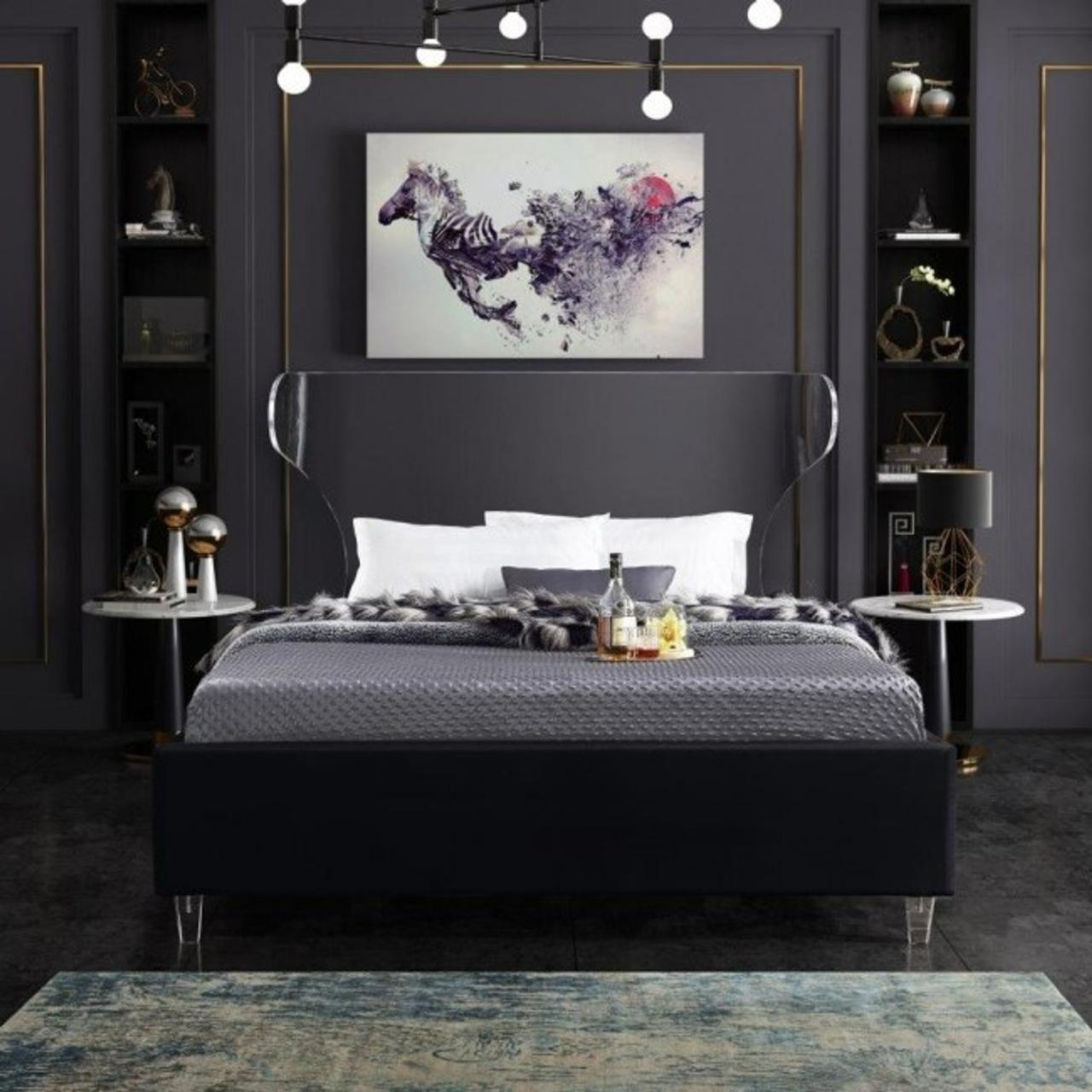 Lucite Wing Headboard Bed with Black Upholstered Frame | Clear Home Design Lucite Wing Headboard Bed with Black Upholstered Frame | Clear Home Design